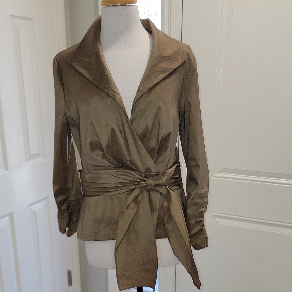 Satin Wrap Blouse with Self Tie - Brown